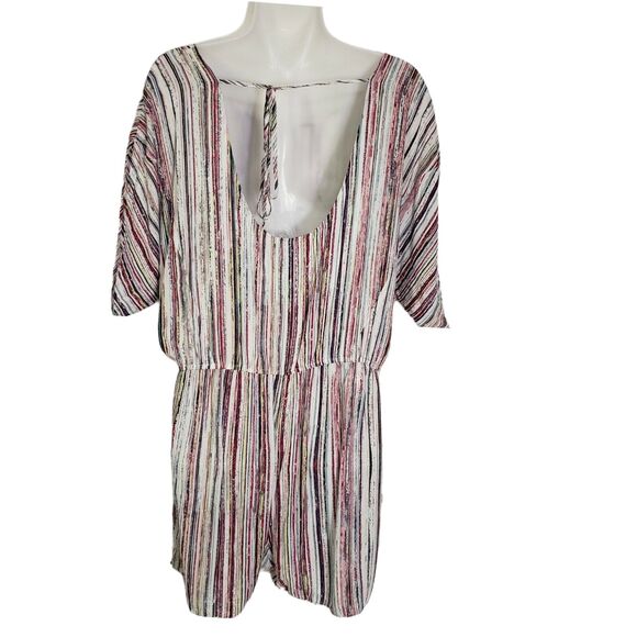 BCBGeneration Womens Romper Large Striped Multicolor Short Split Dolman Sleeve - Picture 2 of 12